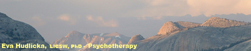 View of a mountain range - Yosemite National Park - and grey-pinkish-blue sky with clouds.