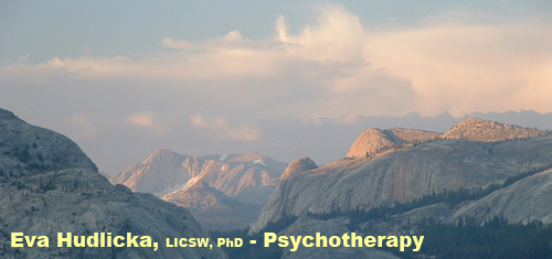 View of a mountain range - Yosemite National Park - and grey-pinkish-blue sky with clouds.